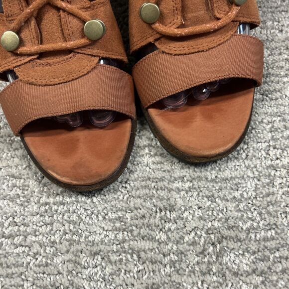Sorel Sandals Women's 7.5 Nadia Teak Brown Orange Suede Lace Block Heel - Picture 3 of 10